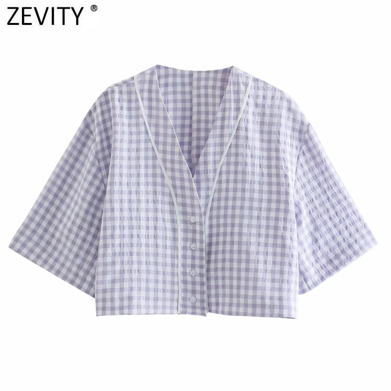 

Zevity New Women Vintage V Neck Plaid Print Casual Short Smock Blouse Female Buttons Loose Shirt Chic Kimono Chemise Tops LS9259
