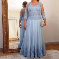 vestidos new blue plus size evening dresses a line 34 sleeves tulle appliques prom party gowns robe soiree