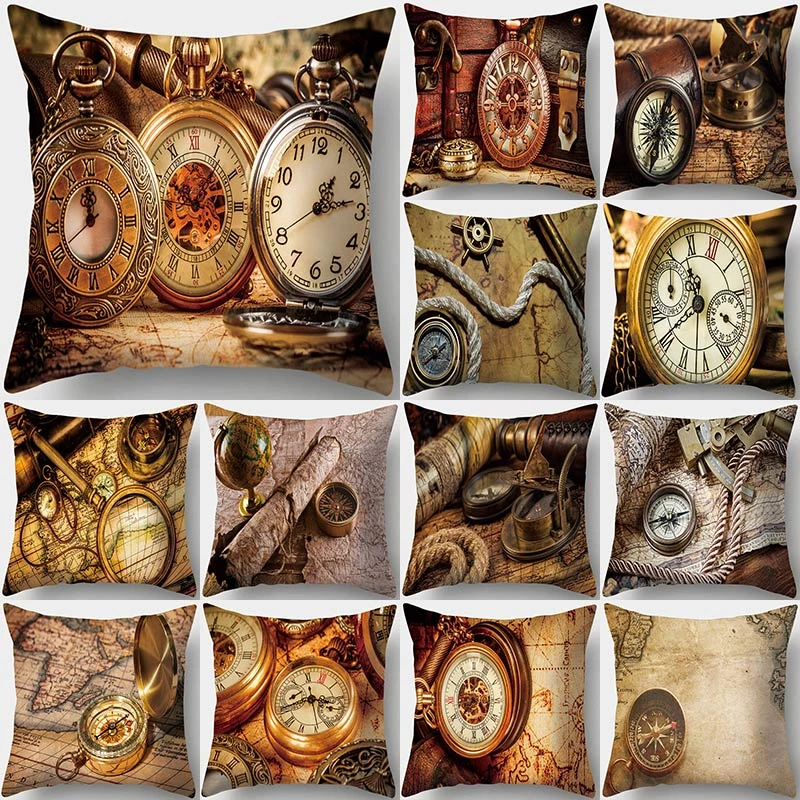

Retro Compass Clock Pattern Decorative Cushion Pillowcase Polyester Cushion Cover Throw Pillow Sofa Decoration Pillowcover 40954