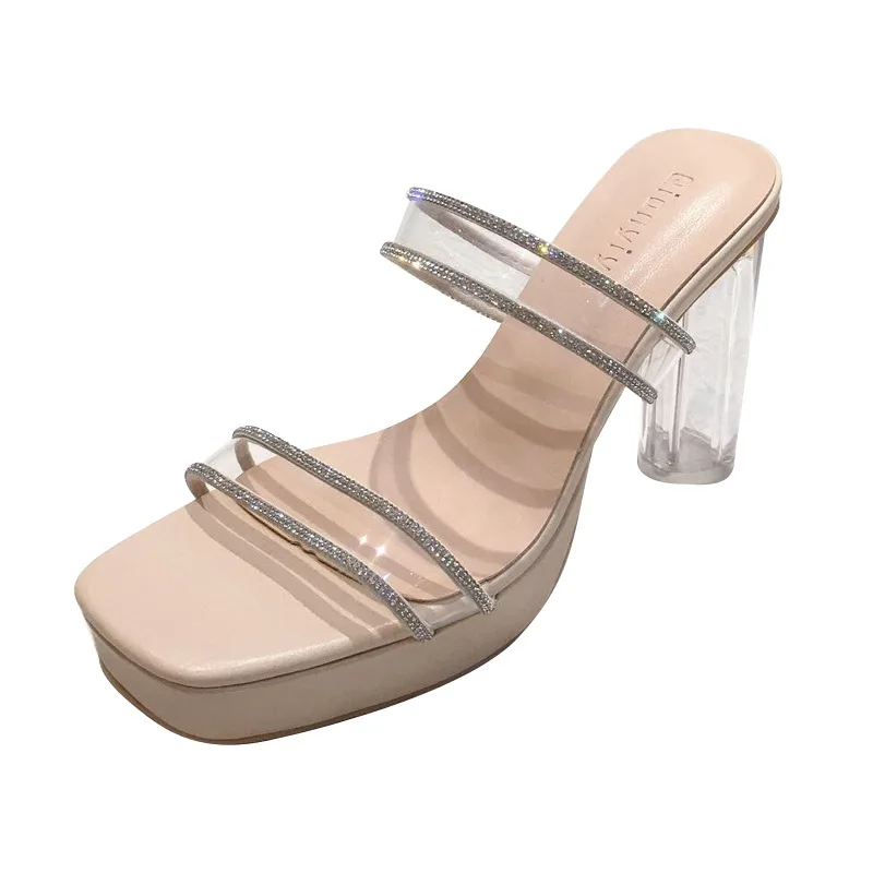 

High-Heeled Shoes Lady Slippers Casual Square heel Slides Slipers Women Jelly Flip Flops Luxury Block Summer 2021 Glitter