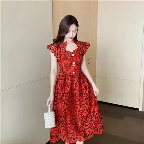 

Luxury High-End Midi Dresses Lady Dignified Hollow Lace Square Collar Dress Flying Sleeves High-Waist Slim Elegant Dress Summer