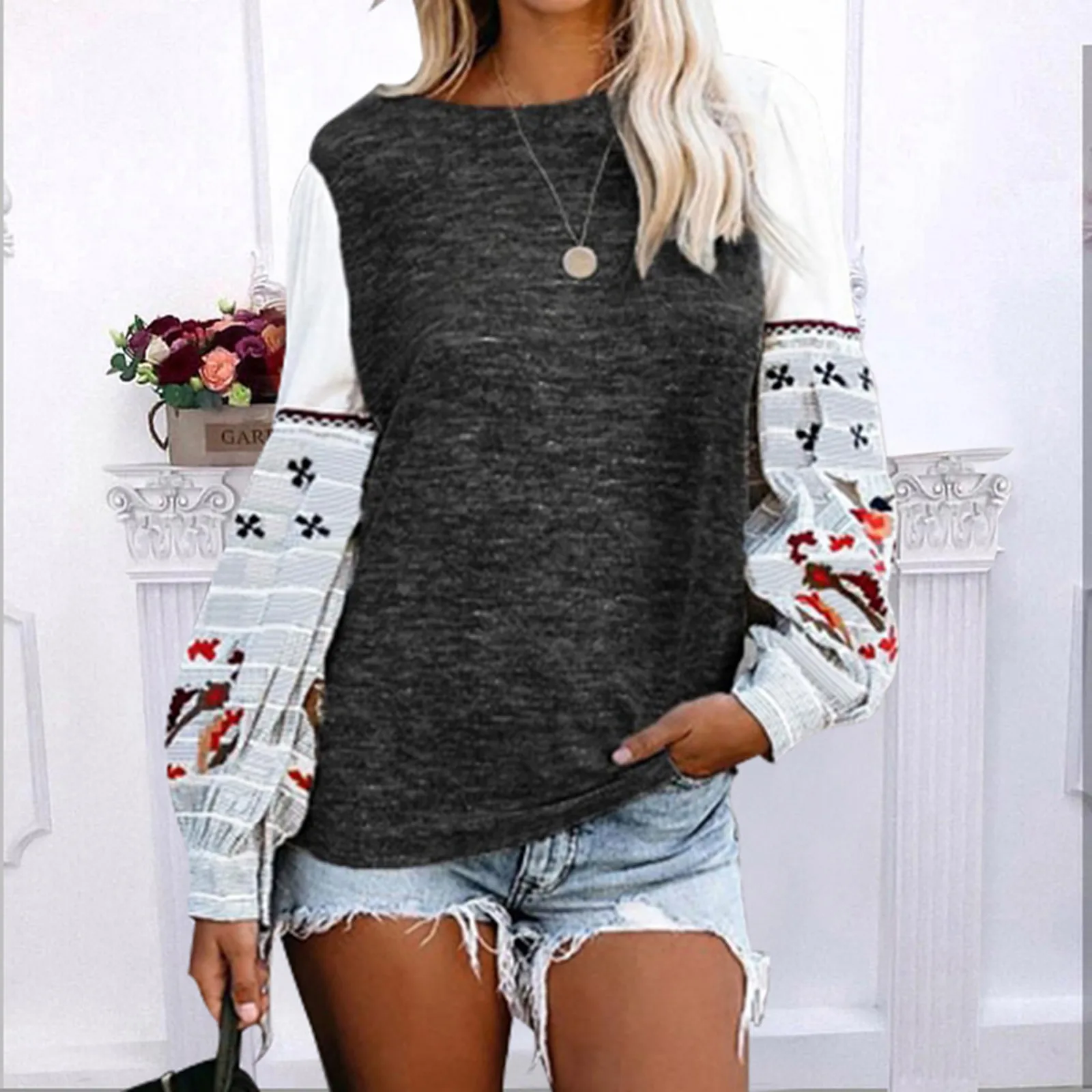 

FREE OSTRICH Women Autumn And Winter O-neck Printing Splicing Long Sleeves Sweater Tops Comfortable Fashion Sudadera Mujer