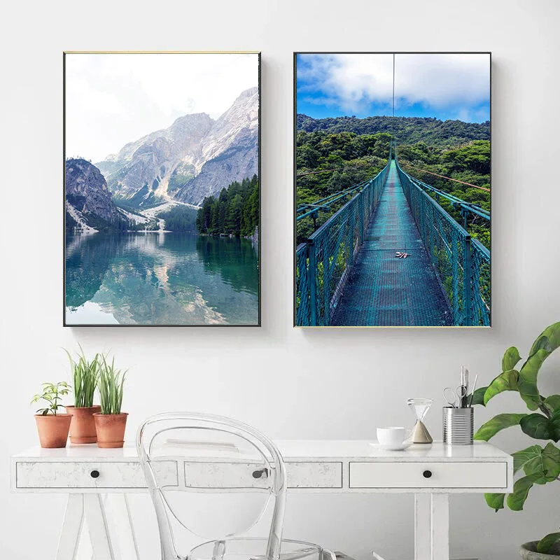 

Mountain Lake Forest Bridge Landscape Canvas Painting Picture Poster Scenery for Home Decoration Nature Wall Art Prints