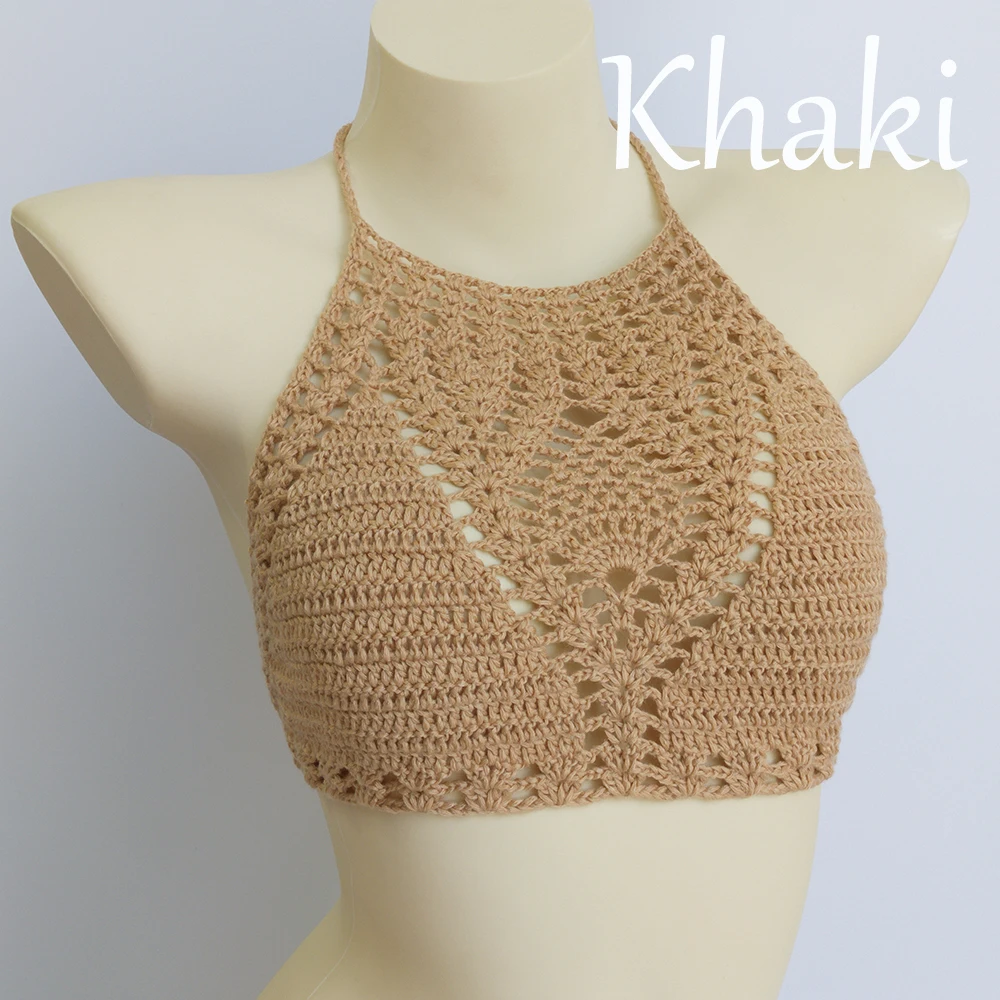 khaki top Белый сексуальный бикини размера плюс, вязанный крючком Топ, есть подкладка, женский купальник, пуш-ап бюстгальтер, выдалбливают, Холтер, вязанный желтый Бикини Топ - Цвет: khaki top