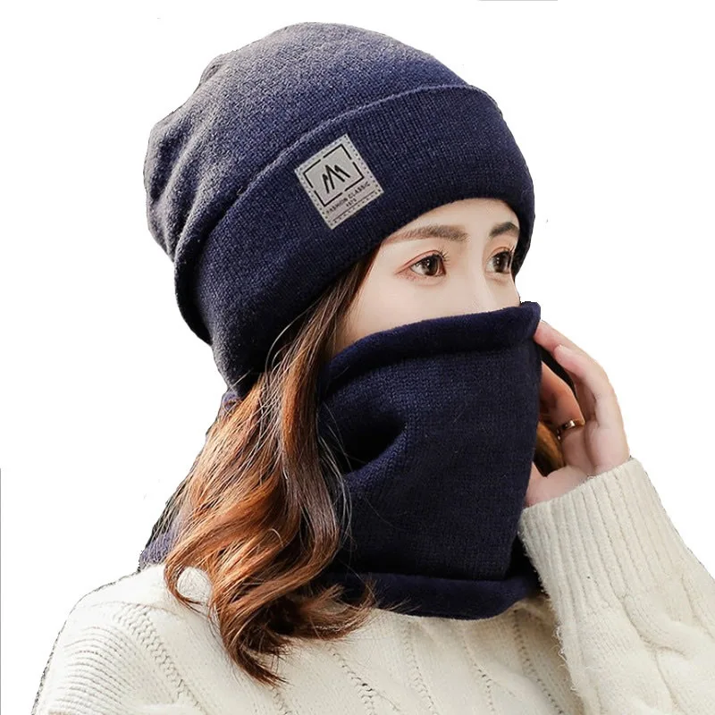 

Winter Women Double Layers Warm Knit Hat with Neckerchief Thicken Cashmere Beanies Hat Outdoor Riding Skullies Hat Unisex Bonnet