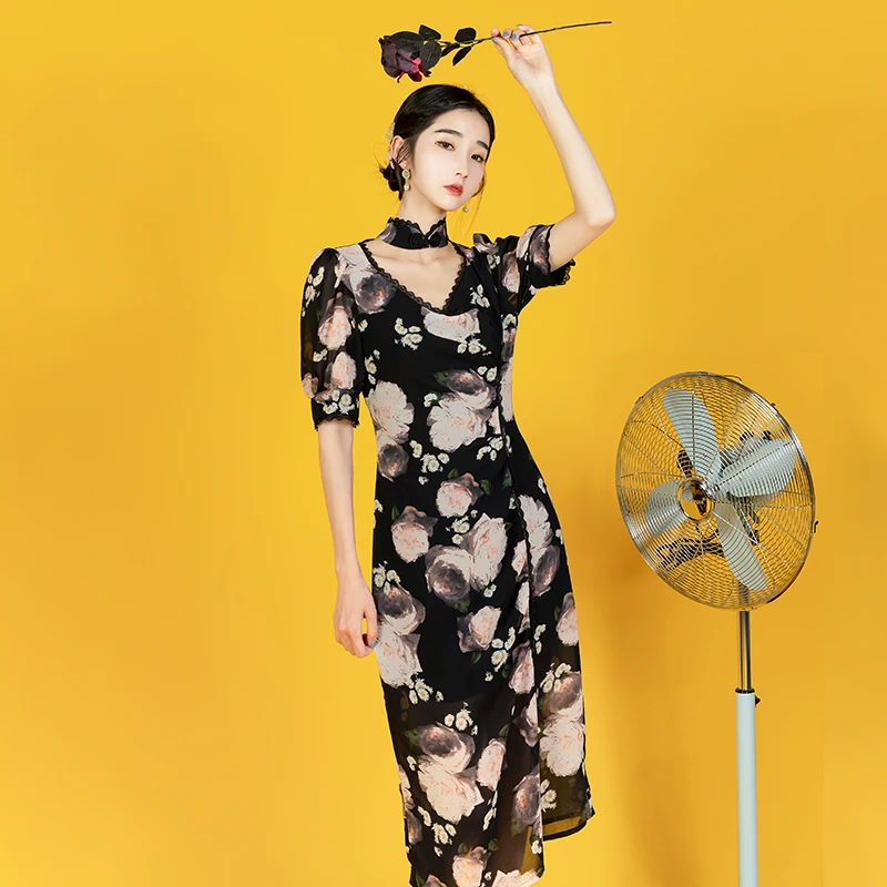 

Make pink rose improved qipao dress French small skirt restoring ancient ways