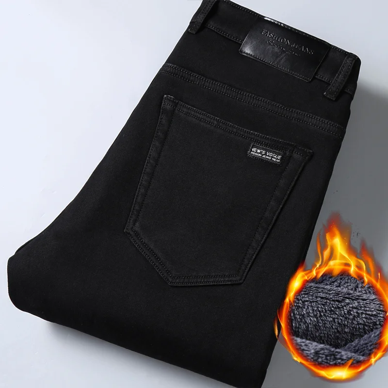 

2021 Jeans Men Black Slim Fit Stretch Thick Velvet Pants Warm Jeans Casual Fleece Trousers Male Plus Size