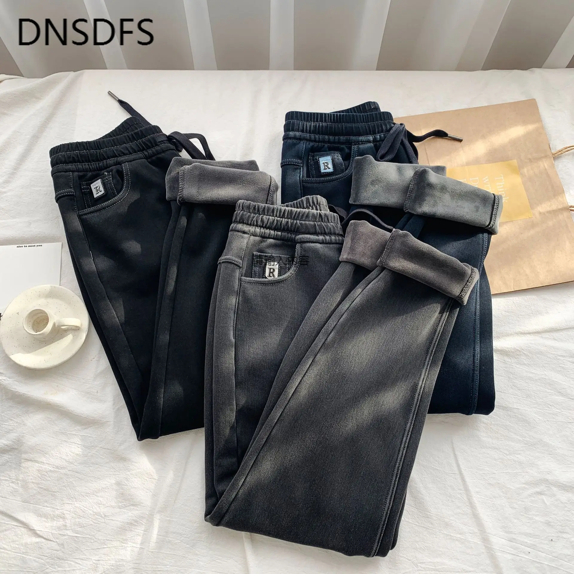 

New Vintage Elastic High Waisted Harem Jeans Women Casual Thick Warm Plush Velvet Trousers Winter Cotton Straight Loose Pants