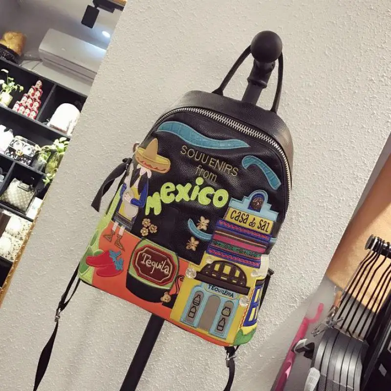 

2021 New Creative Embroidery Backpack Women Bag Large Capacity Cartoon High Quality Leather Casual Travel Backpacks