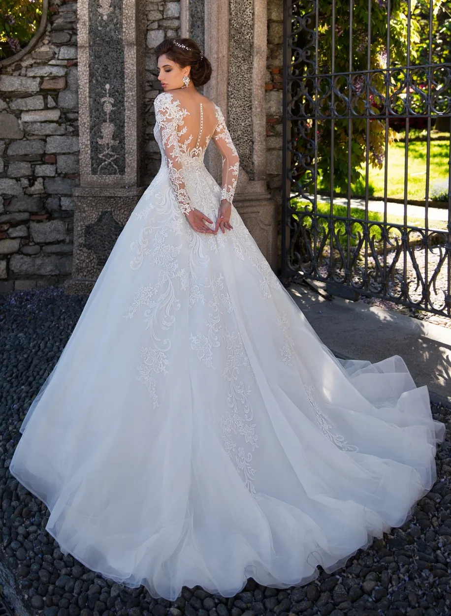 Винтажное кружевное свадебное платье принцессы с длинным рукавом 2019 вырезом