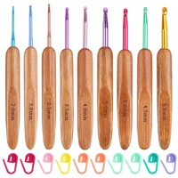 9 pieces crochet hook set long aluminum knitting needle with bamboo handle for yarn craft with 10pcs stitch markers