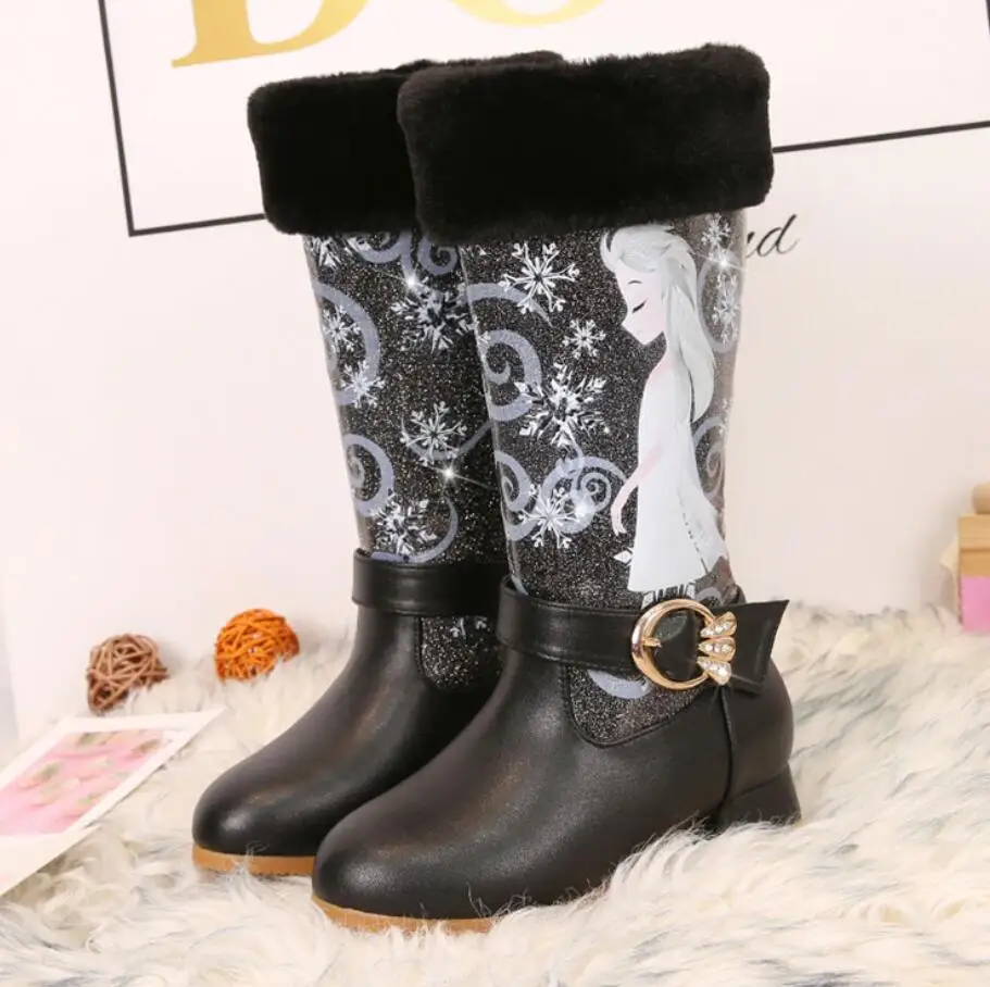 Kids shoes Children Princess Cartoon Boots Leather Bling Fashion New girls Genuine Wool Warming Winter Knee Long |