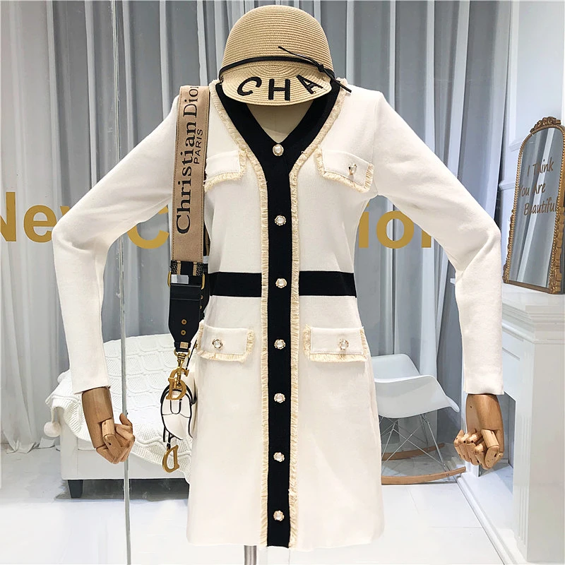 ALPHALMODA осень новое французское вязаное платье с v-образным вырезом и длинным рукавом женское приталенное модное платье с искусственным карманом
