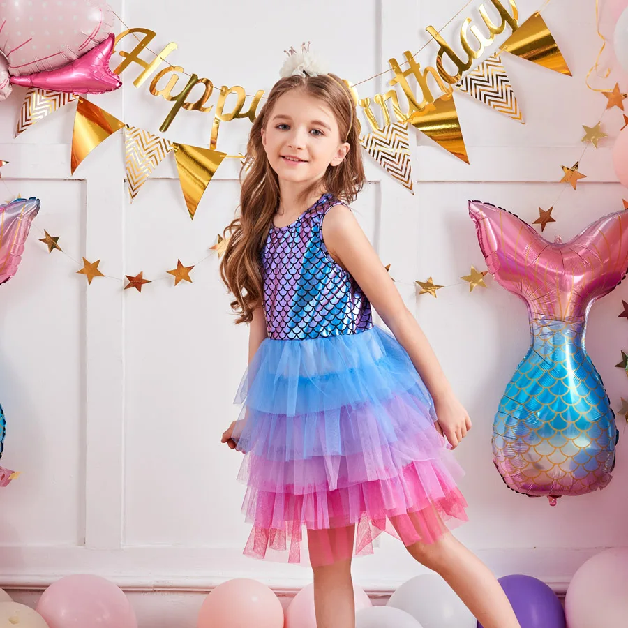 

Kid Summer Causal Dress For School Party Mermaid Toddler Dresses Flying Sleeve Princess Dress Sequin Girls Vestidos Girl Clothes