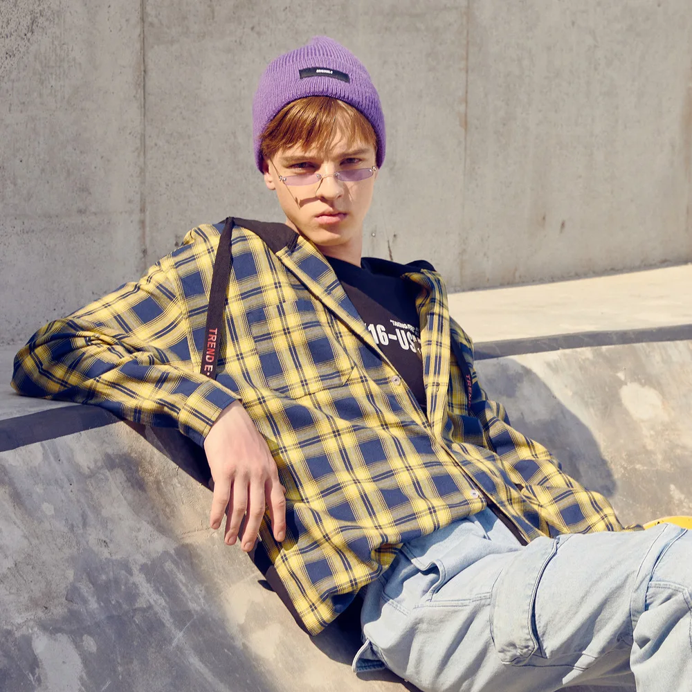 Мужская хлопковая рубашка Metersbonwe свободная клетчатая для студента Повседневная