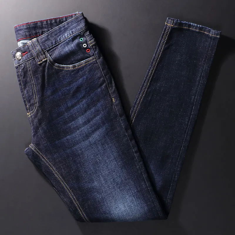 European Vintage Fashion Men Jeans High Quality Retro Blue Elastic Simple Designer Jeans Men Street Stylish Casual Denim Pants