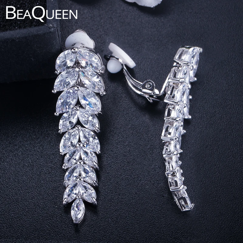BeaQueen трендовые серьги с длинными листьями не пирсинг женские фианитами и