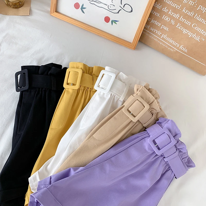 

Shorts Women High Waist Summer 2021 Pocket Cotton Elastic With Belt Shorts Korean Fashion Short Femme Pantalones Cortos Casuales