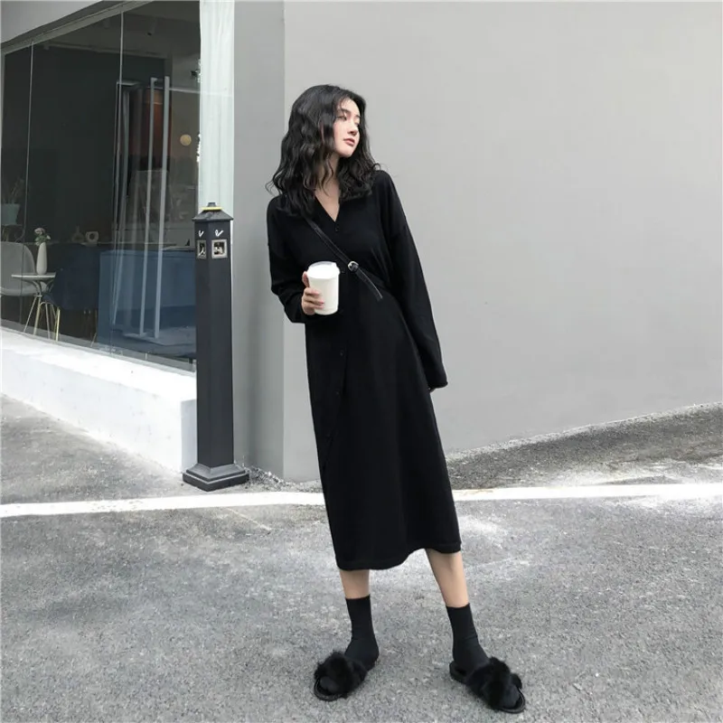 Новинка 2019 женские платья осень зима одинарной вязки повседневные Прямые с