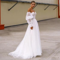 layout niceb a line silk tulle wedding dress long puff sleeve floral applique beads 2021 bride dress beach sexy wedding gowns