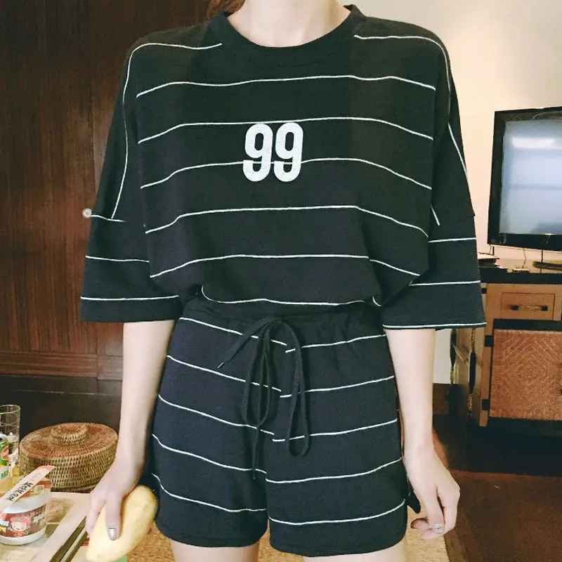 

Pajama Sets Summer Women Striped Simple Casual High Elastic Waist Womens Loose Sleepwear Daily Chic Sweet Harajuku Friends New