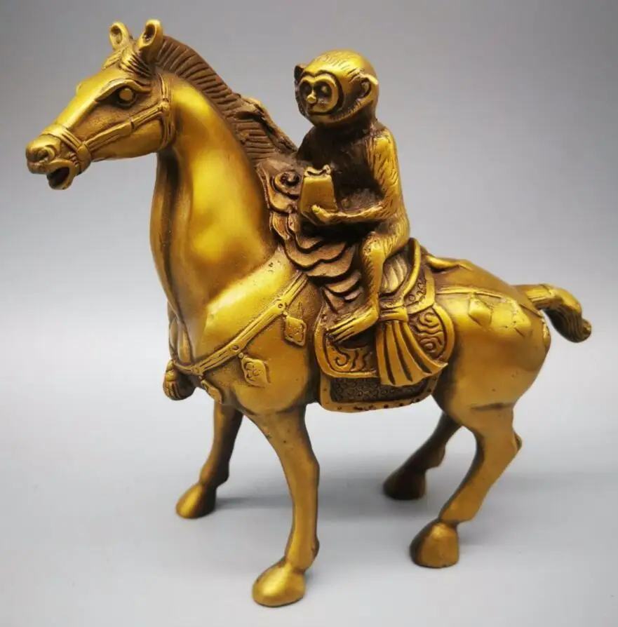 Китайская латунная Статуэтка с изображением обезьяны на лошади|Статуи и
