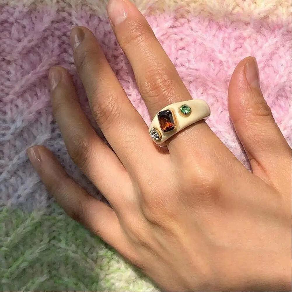 

Vintage Colorful Transparent Korean Acrylic Resin Gem Ring Geometric Square Round Rhinestone Rings Party Aesthetics Jewelry