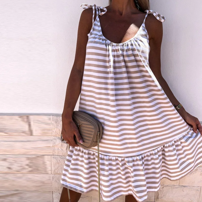 

2021 Women O-Neck Patchwork Sling Mini Dress Casual Sleeveless Striped Ladies Party Dress Summer Elegant Female Dress Vestidos
