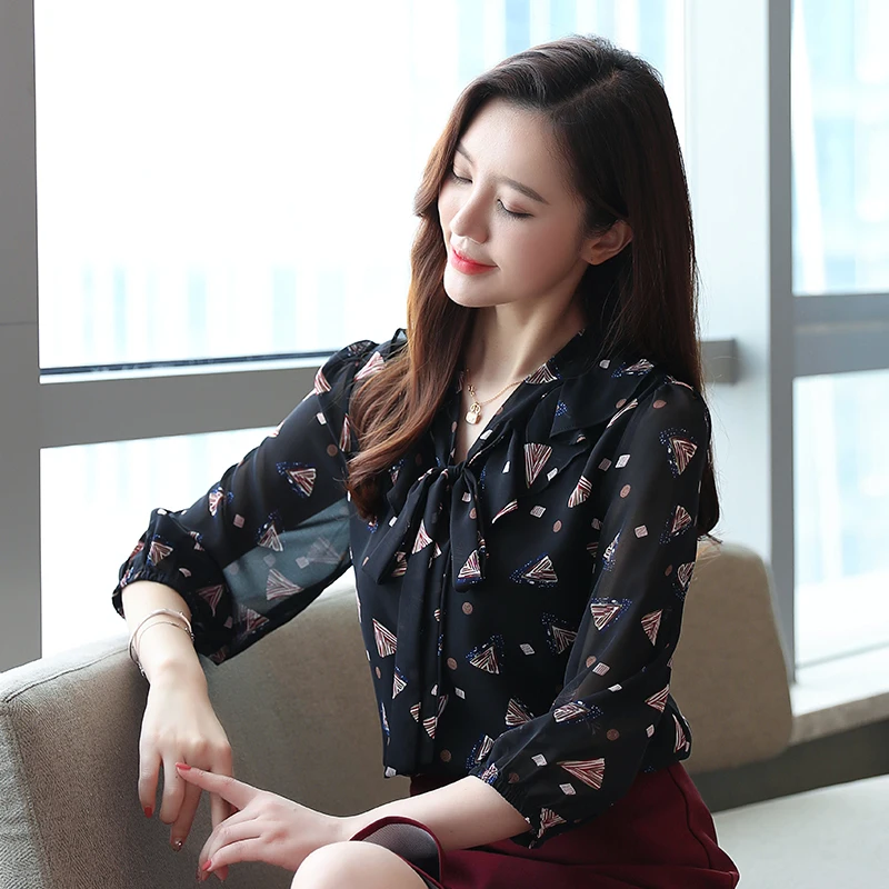 Chiffon Blouse Floral Women Lace Shirt 2020 Spring New Casual Bow Tie Womens Tops And Blouses Korean Style | Женская одежда