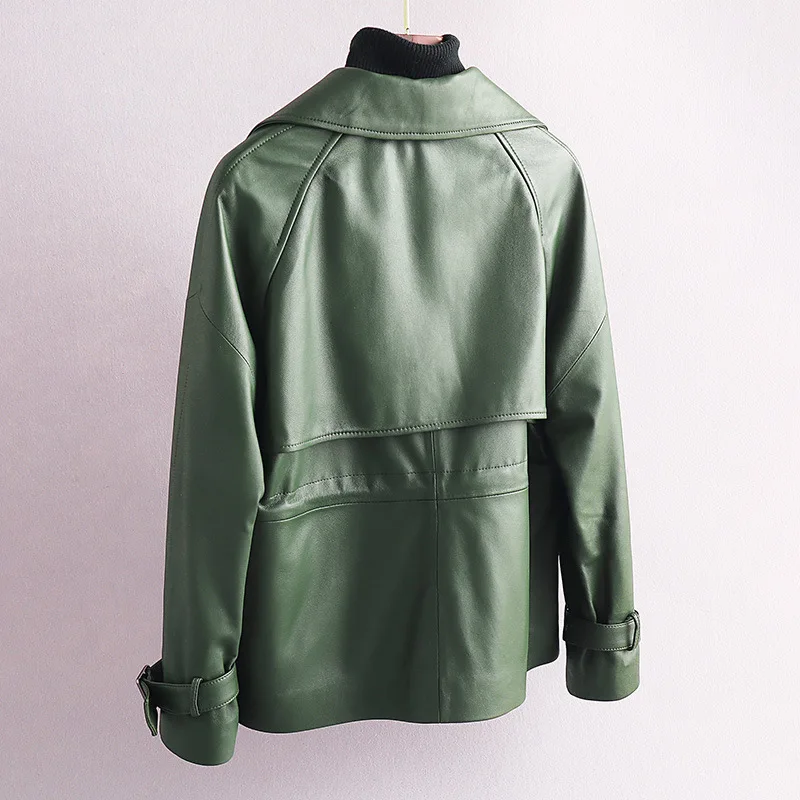 2020 New Genuine Leather Coats Short Turn-down Collar Green Sheep Fur Overcoats Single Breasted Long Sleeves Overcoats Jackets