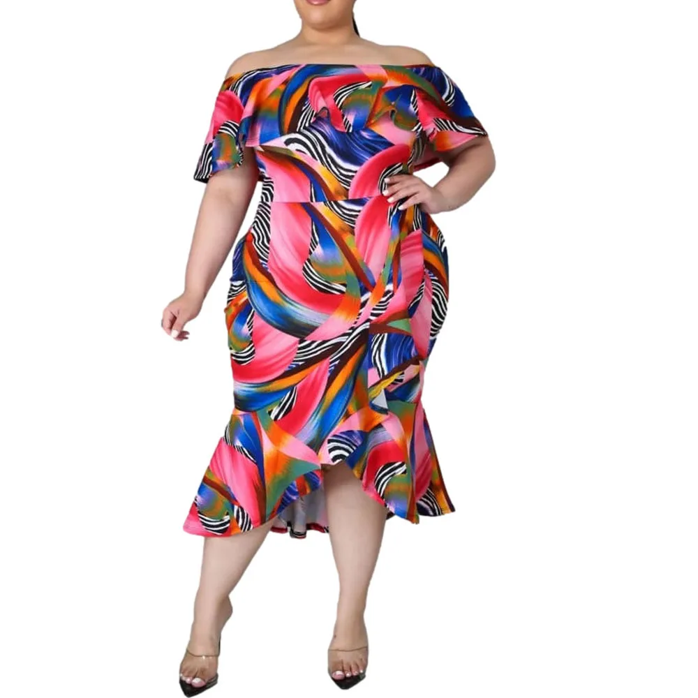 

2021 Summer New One Word Collar Plus Size Women Clothing Summer Ruffle Mermaid Fashion High Waist Temperament Printed Dress