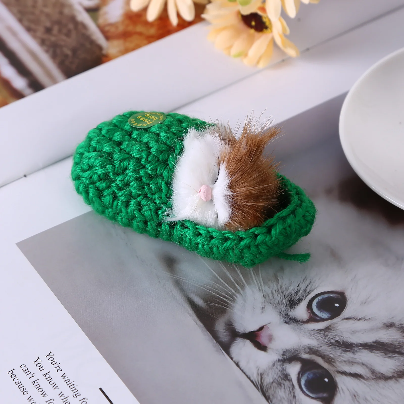 

Спящая кошка кукла с звуком в тапочках ручная работа искусственный мех плюшевая игрушка спящий котенок игрушка Домашний Настольный Декор Д...