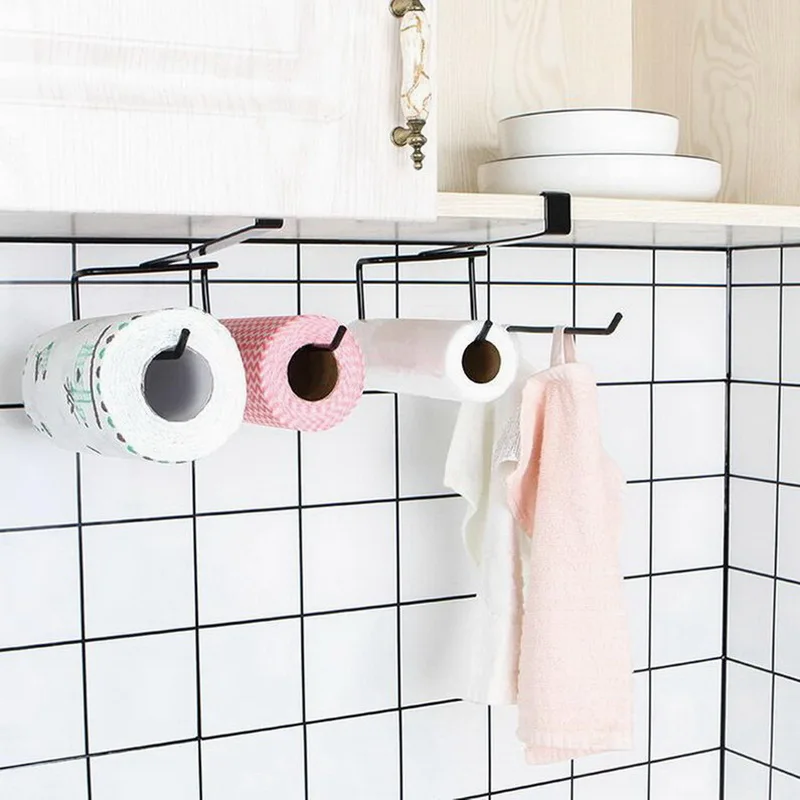

Roll Paper Holder Towel Rack Under Cupboard Paper Towels Storage Shelf Desktop Sundries Rack Wall Hanging for Kitchen Bathroom