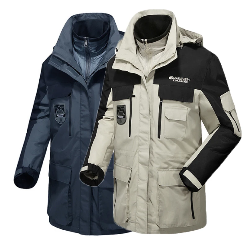 

Men Winter 3 in 1 Cotton Padded Detachable Waterproof Jackets Hiking Climbing Fishing Trekking Skiing Hoodies Coat Breathable