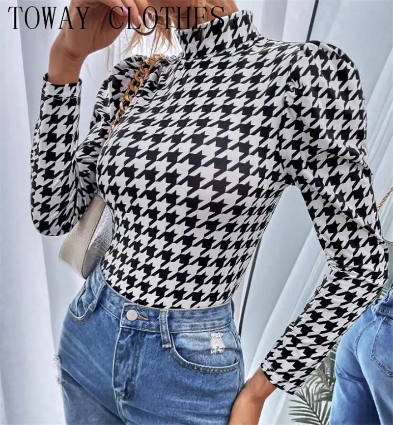 

Houndstooth Print Y2k Hot Girls Skinny T Shirt Women Streetwear Spring Autumn Long Sleeve Tshirt Tops Classical T-Shirts Tees