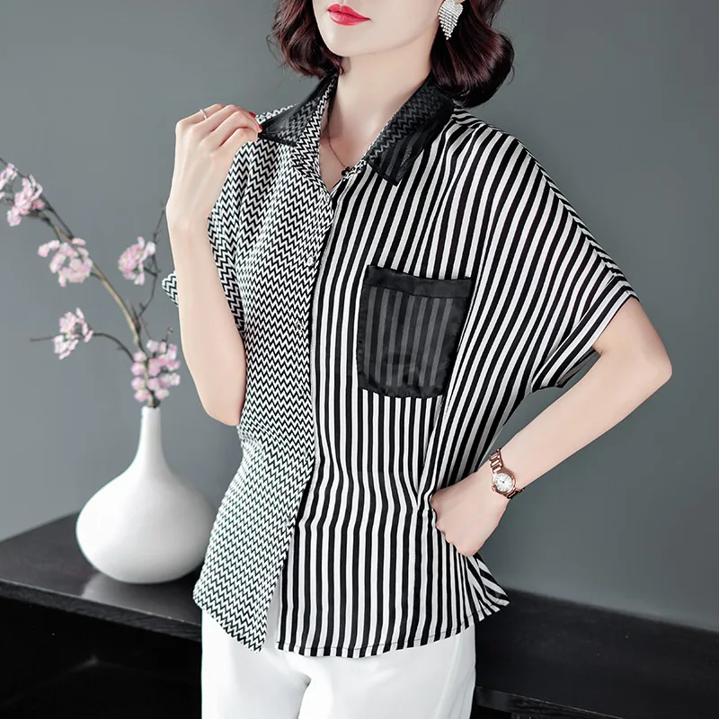 

Womens Tops Striped Blouses Shirt Casual Loose Style Shirt Plus Size Joint Short Sleeve Shirts Office Ladies Clothing Tops