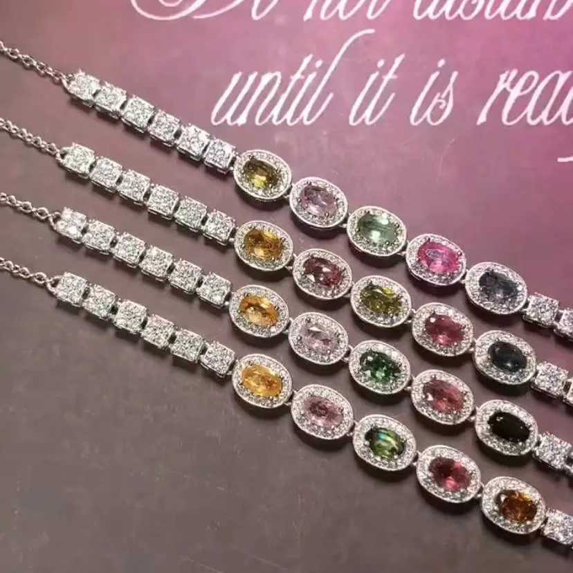 

Natural Tourmaline Egg Noodle 925 Sterling Silver Bracelet Luxury Shiny Crystal Zircon Women Bracelet Charm Jewelry Gift