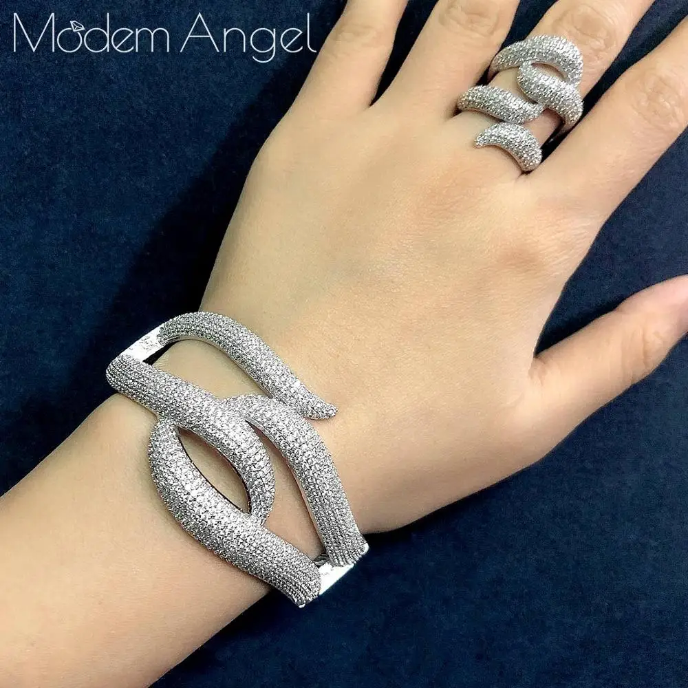 modemangel 2019 hot charms 2pcs bamboo dubai jewelry sets cubic zirconia banglering for women brand nigerian wedding jewelry se free global shipping