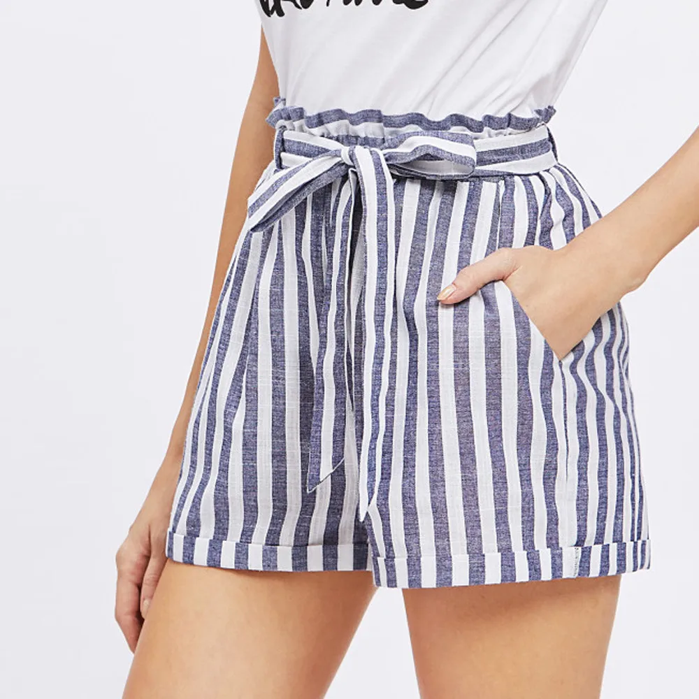 

Blue Paper-bag Pleated Waist Belt Knot Striped Shorts Women Summer Highstreet Preppy Casual Mini Shorts