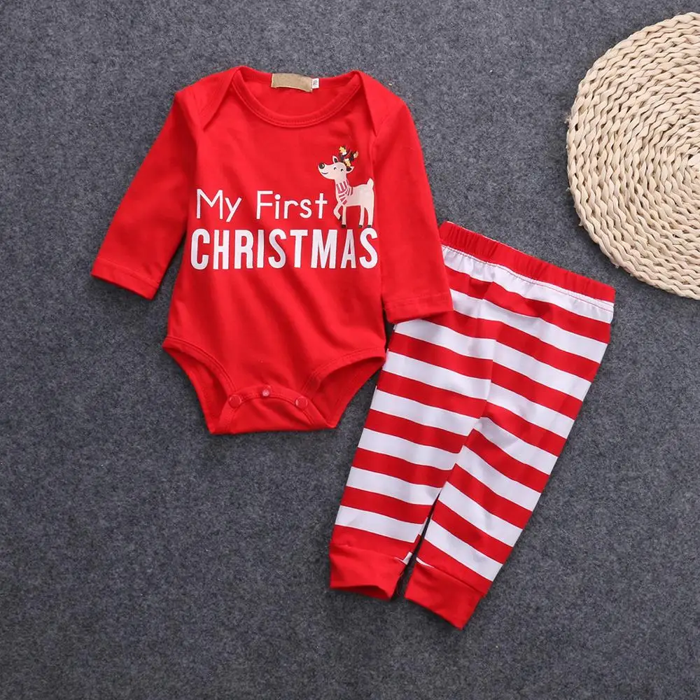 

Hot Sale Christmas Newborn Baby Boys Girls Letter Christmas Romper Stripe Long Pants Clothes Outfits Set My First Christmas