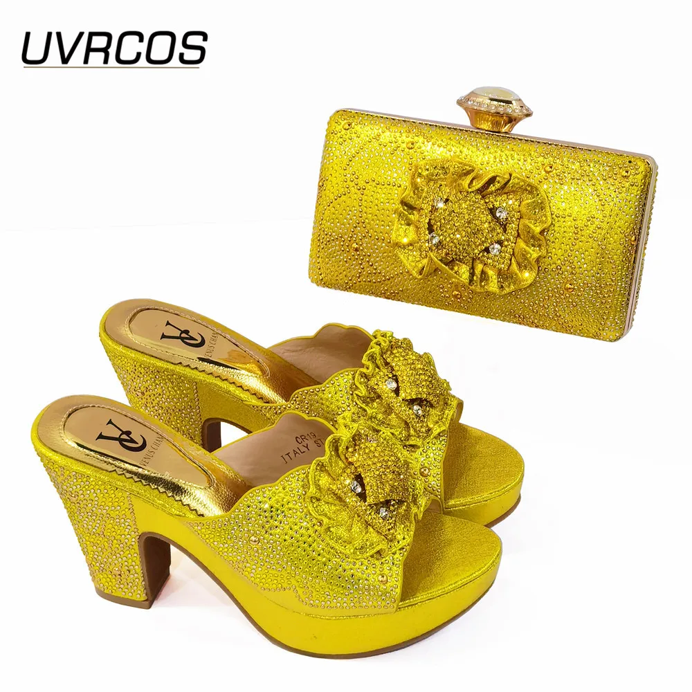 

New Arrival 2021 Yellow Color Italian Design Party Elegant Women Shoes and Bag Set full Of Rhinestone Slippers Decoration