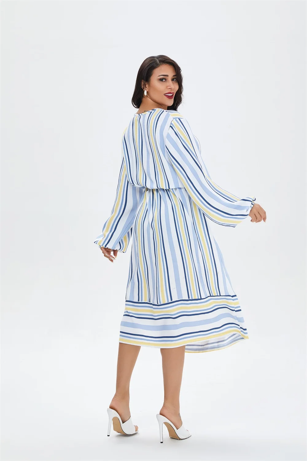 

Striped Print Midi Dress for Women Summer 2021 Casual Plus Size O Neck Long Sleeve Arabic Pajamas Cotton Clothes