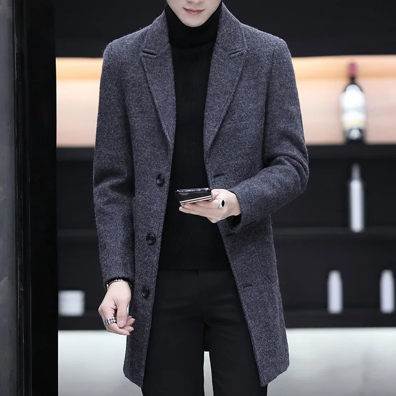 

Winter Wool Men Thick Coats Slim Fit Turn Down Collar Male Fashion Blend Outwear Jackets Smart Casual Trench