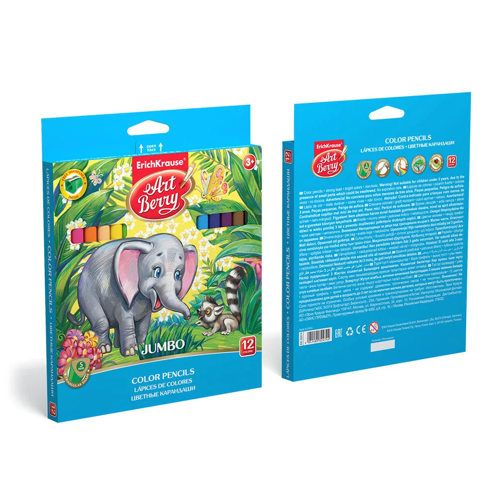 Цветные карандаши трехгранные ArtBerry Jumbo 12 цветов с точилкой|Цветные Карандаши| |