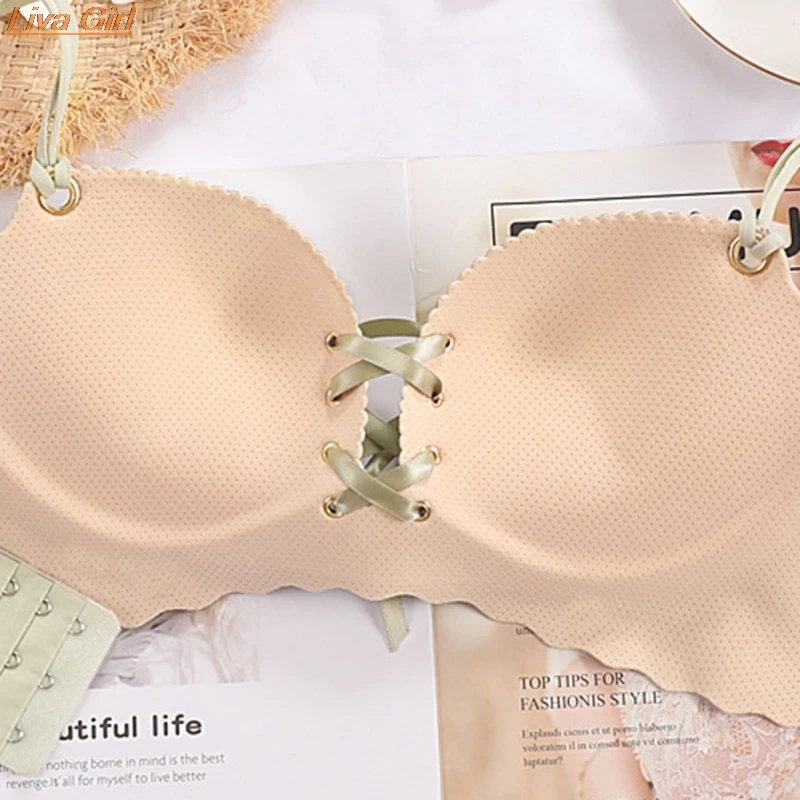 

Women Bra Set Sexy Seamless Wire Free Push Up Lace-up One-piece Lattice Bra Girl Underwear Set Lingerie Brassier Set