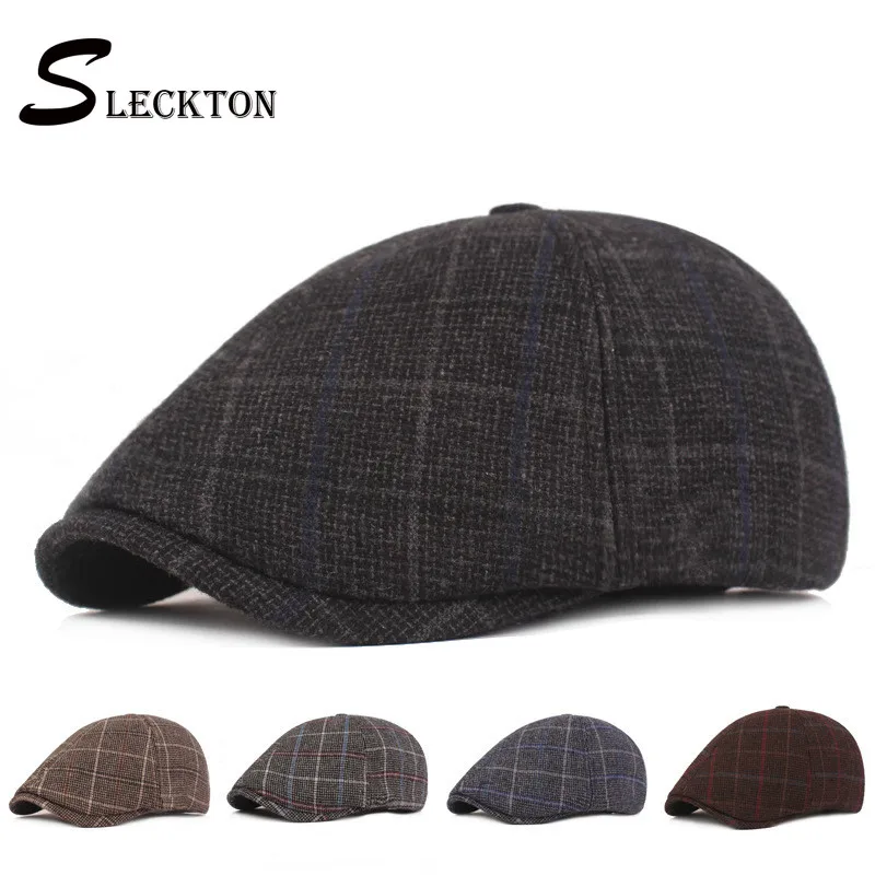 SLECKTON клетчатая кепка хлопковый берет Толстая теплая шапка Newsboy унисекс модная