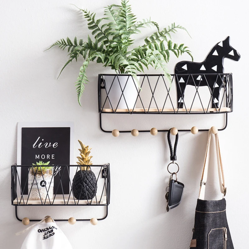 

Key Holder Mail Rack Entryway Shelf Creative Simple Nordic Wrought Iron Grid Wall Mount Storage Rack Hooks Key Sorter Organizer
