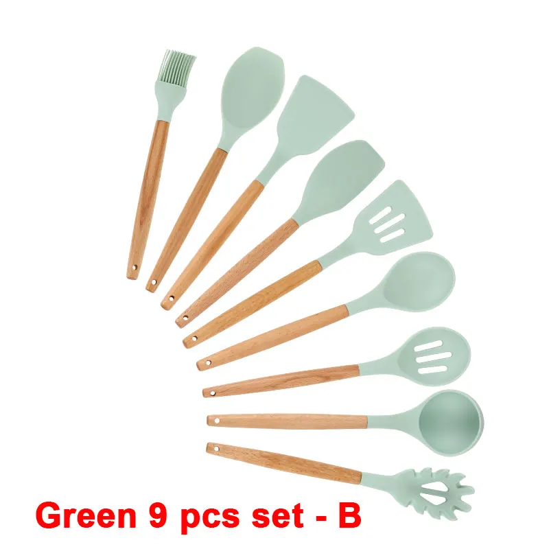 Green 9 pcs set - B Набор кухонных силиконовых кухонных принадлежностей с антипригарным шпателем лопата с деревянной ручкой набор кухонных инструментов с ящиком для хранения кухонные инструменты - Цвет: Green 9 pcs set - B