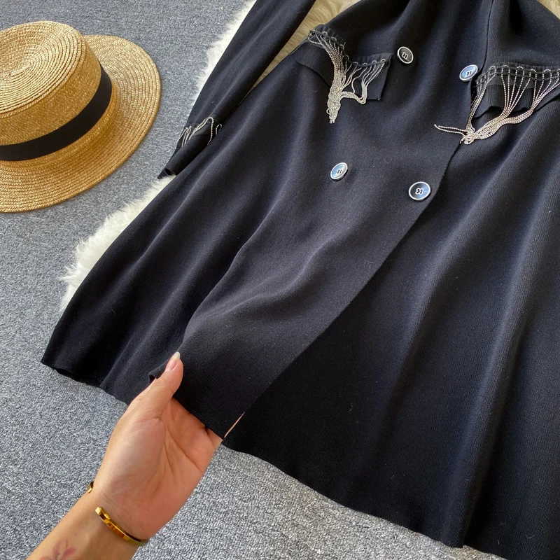

Women's autumn winter knitted black dress female vintage double-breasted tassel chic dress TB1103