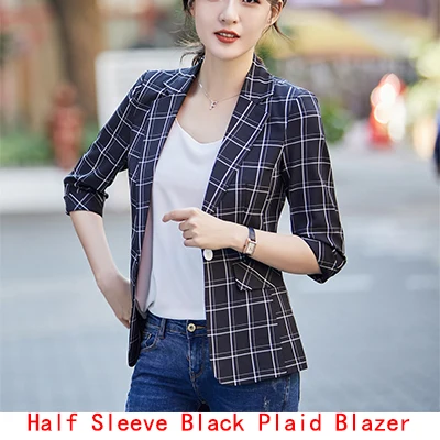 Black Blazer Летняя одежда, Женские клетчатые повседневные блейзеры и куртки, женские куртки с коротким рукавом и одной пуговицей с карманами - Цвет: Black Blazer